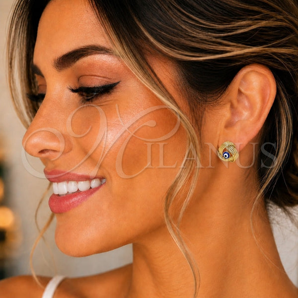 Oro Laminado Stud Earring, Gold Filled Style Evil Eye Design, Blue Enamel Finish, Golden Finish, 02.213.0423.1