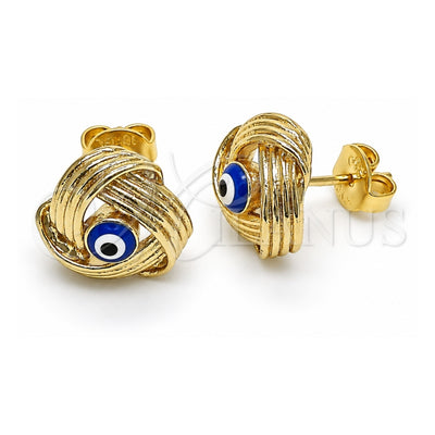 Oro Laminado Stud Earring, Gold Filled Style Evil Eye Design, Blue Enamel Finish, Golden Finish, 02.213.0423.1