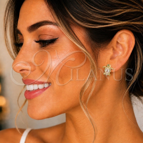 Oro Laminado Stud Earring, Gold Filled Style Turtle Design, with White Cubic Zirconia and White Micro Pave, Polished, Golden Finish, 02.210.0750