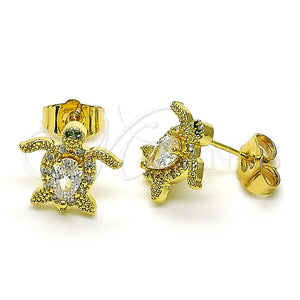 Oro Laminado Stud Earring, Gold Filled Style Turtle Design, with White Cubic Zirconia and White Micro Pave, Polished, Golden Finish, 02.210.0750