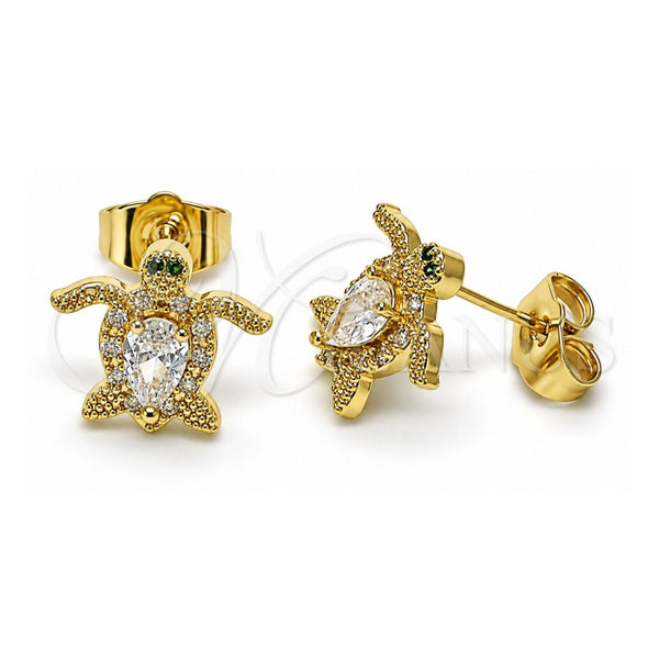 Oro Laminado Stud Earring, Gold Filled Style Turtle Design, with White Cubic Zirconia and White Micro Pave, Polished, Golden Finish, 02.210.0750