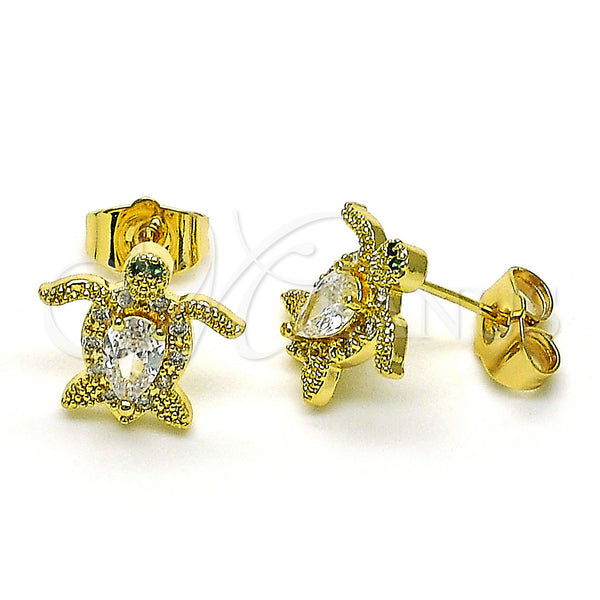 Oro Laminado Stud Earring, Gold Filled Style Turtle Design, with White Cubic Zirconia and White Micro Pave, Polished, Golden Finish, 02.210.0750