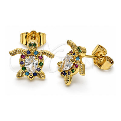 Oro Laminado Stud Earring, Gold Filled Style Turtle Design, with Multicolor Micro Pave and White Cubic Zirconia, Polished, Golden Finish, 02.210.0750.1
