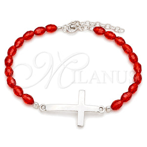 Sterling Silver Fancy Bracelet, Ball Design, with Orange Red Crystal, Polished, Silver Finish, 03.402.0007.07 (02 MM Thickness, 7 Inches Length)