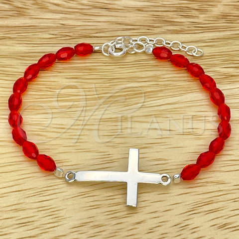 Sterling Silver Fancy Bracelet, Ball Design, with Orange Red Crystal, Polished, Silver Finish, 03.402.0007.07 (02 MM Thickness, 7 Inches Length)