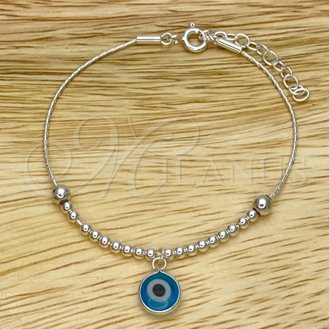 Sterling Silver Adjustable Bolo Bracelet, Ball and Evil Eye Design, with Blue Topaz Crystal, Polished, Silver Finish, 03.402.0014.07 (02 MM Thickness, 7 Inches Length)