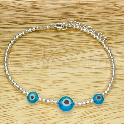 Sterling Silver Adjustable Bolo Bracelet, Ball and Evil Eye Design, with Blue Topaz Crystal, Polished, Silver Finish, 03.402.0016.07 (02 MM Thickness, 7 Inches Length)