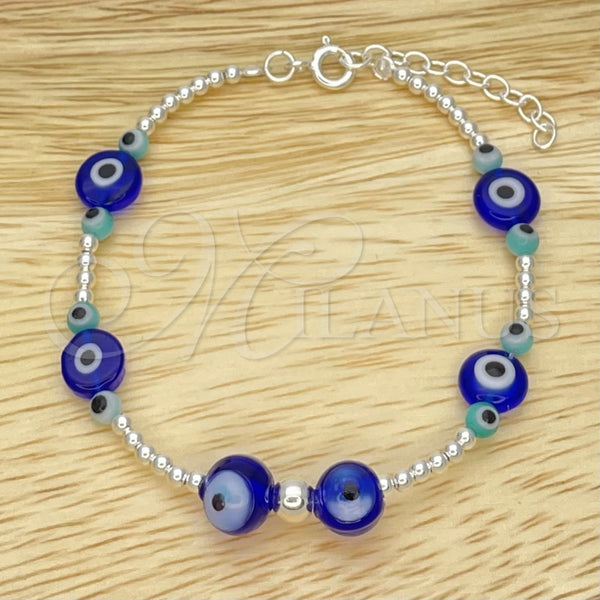 Sterling Silver Adjustable Bolo Bracelet, Ball and Evil Eye Design, with Turquoise and Blue Topaz Crystal, Polished, Silver Finish, 03.402.0021.07 (02 MM Thickness, 7 Inches Length)