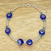 Sterling Silver Adjustable Bolo Bracelet, Ball and Evil Eye Design, with Turquoise and Blue Topaz Crystal, Polished, Silver Finish, 03.402.0021.07 (02 MM Thickness, 7 Inches Length)