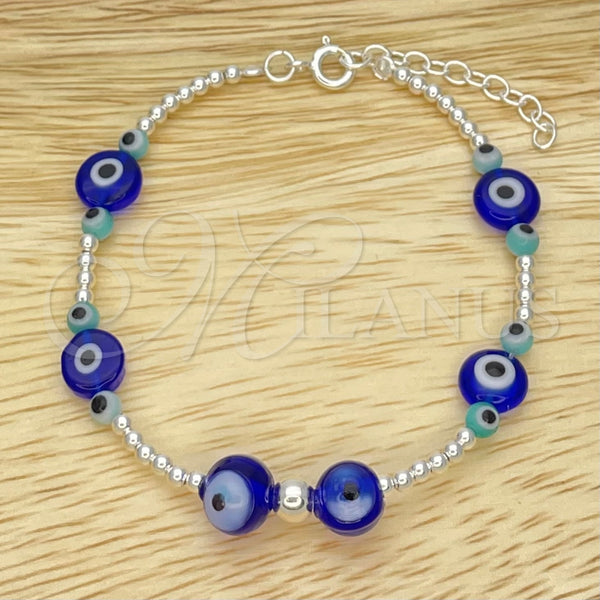 Sterling Silver Adjustable Bolo Bracelet, Ball and Evil Eye Design, with Turquoise and Blue Topaz Crystal, Polished, Silver Finish, 03.402.0021.07 (02 MM Thickness, 7 Inches Length)