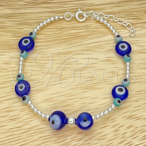 Sterling Silver Adjustable Bolo Bracelet, Ball and Evil Eye Design, with Turquoise and Blue Topaz Crystal, Polished, Silver Finish, 03.402.0021.07 (02 MM Thickness, 7 Inches Length)