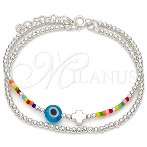 Sterling Silver Adjustable Bolo Bracelet, Ball and Evil Eye Design, with Blue Topaz and Orange Red Crystal, Polished, Silver Finish, 03.402.0024.07 (02 MM Thickness, 7 Inches Length)