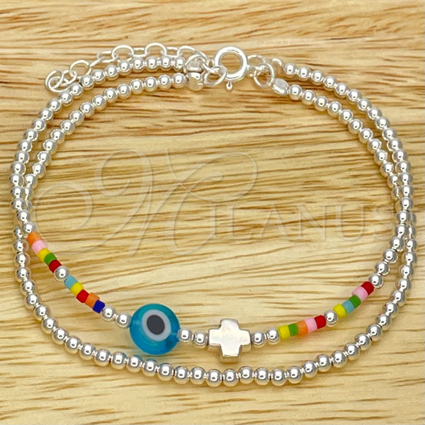 Sterling Silver Adjustable Bolo Bracelet, Ball and Evil Eye Design, with Blue Topaz and Orange Red Crystal, Polished, Silver Finish, 03.402.0024.07 (02 MM Thickness, 7 Inches Length)