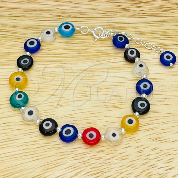 Sterling Silver Adjustable Bolo Bracelet, Ball and Evil Eye Design, with Blue Topaz and Orange Red Crystal, Polished, Silver Finish, 03.402.0025.07 (02 MM Thickness, 7 Inches Length)