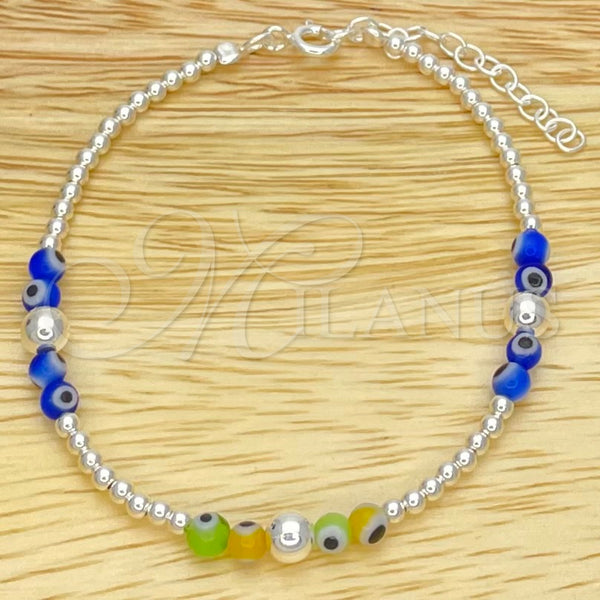 Sterling Silver Adjustable Bolo Bracelet, Ball and Evil Eye Design, with Blue Topaz Crystal, Polished, Silver Finish, 03.402.0027.07 (02 MM Thickness, 7 Inches Length)