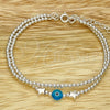 Sterling Silver Adjustable Bolo Bracelet, Ball and Evil Eye Design, with Aqua Blue Crystal, Polished, Silver Finish, 03.402.0028.07 (02 MM Thickness, 7 Inches Length)