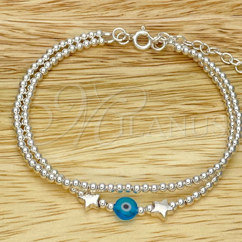 Sterling Silver Adjustable Bolo Bracelet, Ball and Evil Eye Design, with Aqua Blue Crystal, Polished, Silver Finish, 03.402.0028.07 (02 MM Thickness, 7 Inches Length)