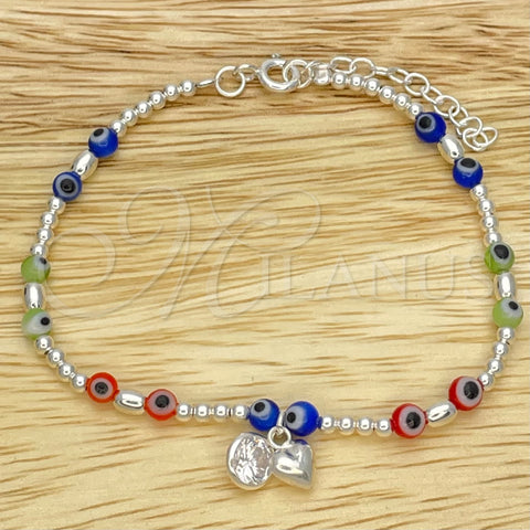 Sterling Silver Adjustable Bolo Bracelet, Ball and Evil Eye Design, with White Cubic Zirconia and Orange Red Crystal, Polished, Silver Finish, 03.402.0030.07 (02 MM Thickness, 7 Inches Length)