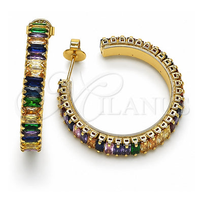 Oro Laminado Stud Earring, Gold Filled Style Baguette Design, with Multicolor Cubic Zirconia, Polished, Golden Finish, 02.64.0642.1