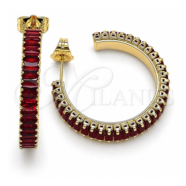 Oro Laminado Stud Earring, Gold Filled Style Baguette Design, with Garnet Cubic Zirconia, Polished, Golden Finish, 02.64.0642.2