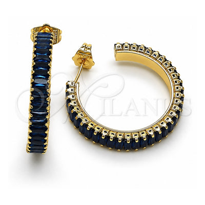 Oro Laminado Stud Earring, Gold Filled Style Baguette Design, with Sapphire Blue Cubic Zirconia, Polished, Golden Finish, 02.64.0642.5