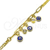 Oro Laminado Charm Bracelet, Gold Filled Style Evil Eye and Paperclip Design, with White Crystal, Blue Resin Finish, Golden Finish, 03.63.2247.08 (03 MM Thickness, 8 Inches Length)
