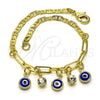 Oro Laminado Charm Bracelet, Gold Filled Style Evil Eye and Paperclip Design, with White Crystal, Blue Resin Finish, Golden Finish, 03.63.2247.08 (03 MM Thickness, 8 Inches Length)