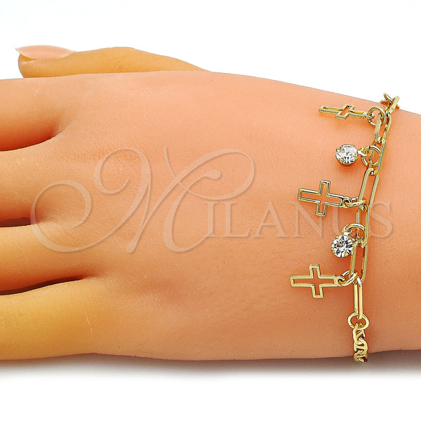Gold Filled Bracelet — Charm Bracelet Cross and Paperclip Design with White — alternate product view — SKU 149664 | Oro Laminado brazalete — Charm Bracelet cruz and Paperclip diseño with blanco — SKU 149664