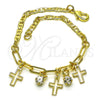 Oro Laminado Charm Bracelet, Gold Filled Style Cross and Paperclip Design, with White Crystal, Polished, Golden Finish, 03.63.2248.08 (03 MM Thickness, 8 Inches Length)