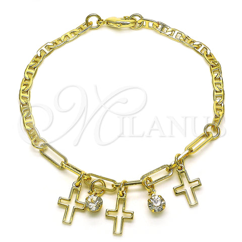 Oro Laminado Charm Bracelet, Gold Filled Style Cross and Paperclip Design, with White Crystal, Polished, Golden Finish, 03.63.2248.08 (03 MM Thickness, 8 Inches Length)