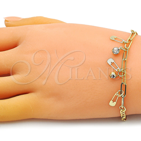 Gold Filled Bracelet — Charm Bracelet Mariner and Paperclip Design with White — alternate product view — SKU 149665 | Oro Laminado brazalete — Charm Bracelet Mariner and Paperclip diseño with blanco — SKU 149665
