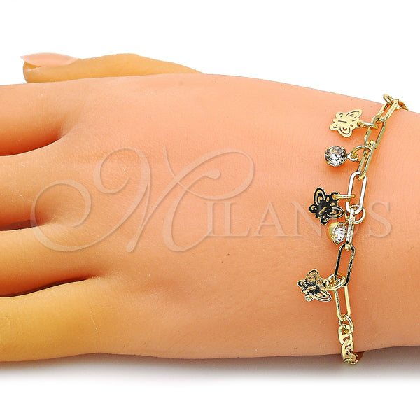 Gold Filled Bracelet — Charm Bracelet Butterfly and Paperclip Design with White — alternate product view — SKU 149666 | Oro Laminado brazalete — Charm Bracelet Butterfly and Paperclip diseño with blanco — SKU 149666