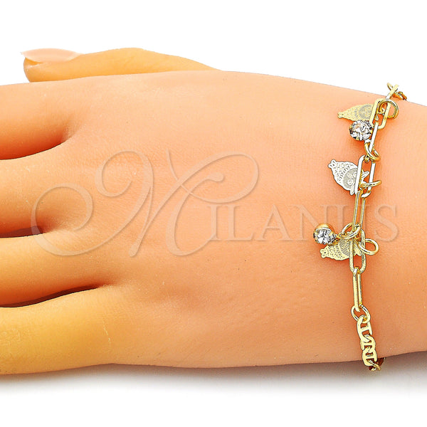 Gold Filled Bracelet — Charm Bracelet Owl and Paperclip Design with White — alternate product view — SKU 149667 | Oro Laminado brazalete — Charm Bracelet Owl and Paperclip diseño with blanco — SKU 149667
