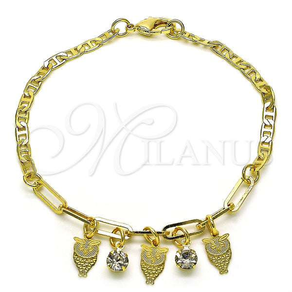 Gold Filled Bracelet — Charm Bracelet Owl and Paperclip Design with White — main product view — SKU 149667 | Oro Laminado brazalete — Charm Bracelet Owl and Paperclip diseño with blanco — SKU 149667