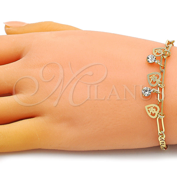 Gold Filled Bracelet — Charm Bracelet Heart and Flower Design with White — alternate product view — SKU 149669 | Oro Laminado brazalete — Charm Bracelet corazón and flor diseño with blanco — SKU 149669