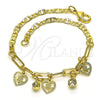 Oro Laminado Charm Bracelet, Gold Filled Style Heart and Flower Design, with White Crystal, Polished, Golden Finish, 03.63.2253.08 (03 MM Thickness, 8 Inches Length)