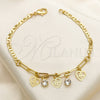 Oro Laminado Charm Bracelet, Gold Filled Style Heart and Flower Design, with White Crystal, Polished, Golden Finish, 03.63.2253.08 (03 MM Thickness, 8 Inches Length)