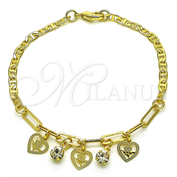 Gold Filled Bracelet — Charm Bracelet Heart and Flower Design with White — main product view — SKU 149669 | Oro Laminado brazalete — Charm Bracelet corazón and flor diseño with blanco — SKU 149669