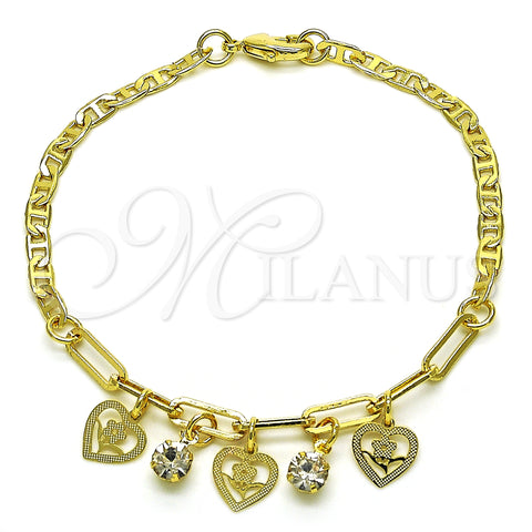 Oro Laminado Charm Bracelet, Gold Filled Style Heart and Flower Design, with White Crystal, Polished, Golden Finish, 03.63.2253.08 (03 MM Thickness, 8 Inches Length)