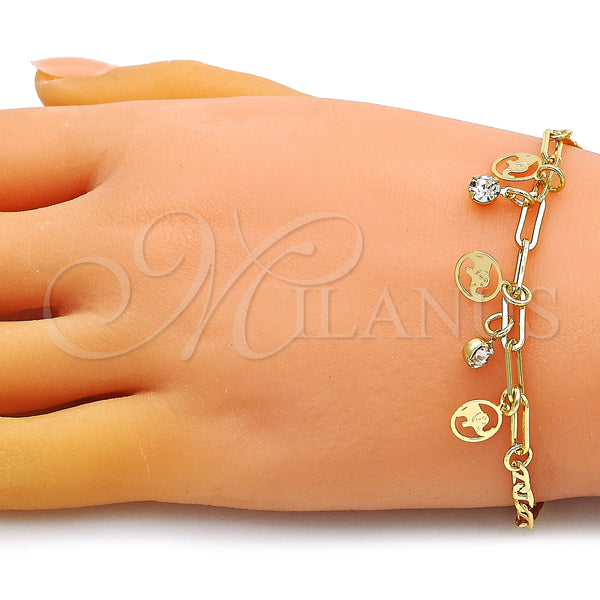 Gold Filled Bracelet — Charm Bracelet Elephant and Paperclip Design with White — alternate product view — SKU 149670 | Oro Laminado brazalete — Charm Bracelet Elephant and Paperclip diseño with blanco — SKU 149670