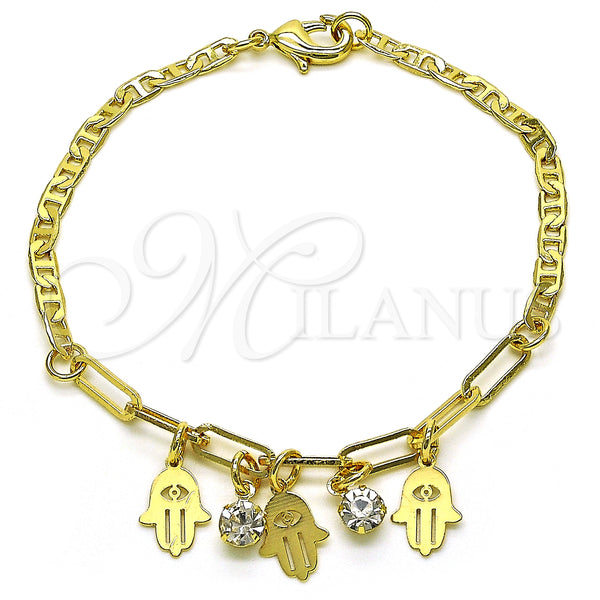 Oro Laminado Charm Bracelet, Gold Filled Style Hand of God and Paperclip Design, with White Crystal, Polished, Golden Finish, 03.63.2255.08 (03 MM Thickness, 8 Inches Length)