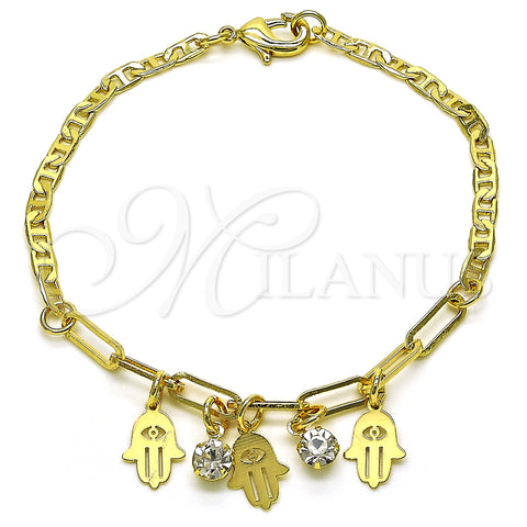 Oro Laminado Charm Bracelet, Gold Filled Style Hand of God and Paperclip Design, with White Crystal, Polished, Golden Finish, 03.63.2255.08 (03 MM Thickness, 8 Inches Length)