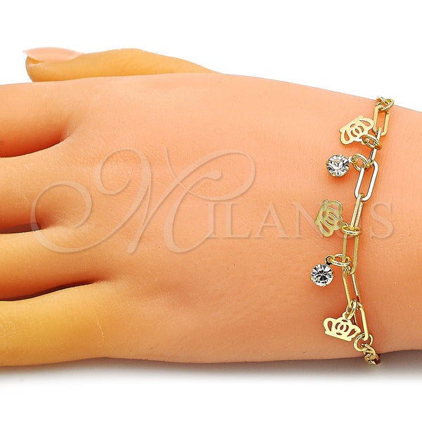 Gold Filled Bracelet — Charm Bracelet Crown and Paperclip Design with White — alternate product view — SKU 149672 | Oro Laminado brazalete — Charm Bracelet Crown and Paperclip diseño with blanco — SKU 149672