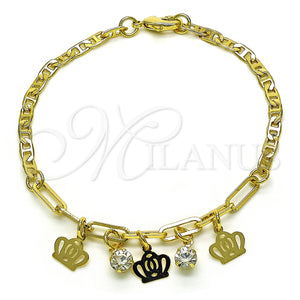 Gold Filled Bracelet — Charm Bracelet Crown and Paperclip Design with White — main product view — SKU 149672 | Oro Laminado brazalete — Charm Bracelet Crown and Paperclip diseño with blanco — SKU 149672