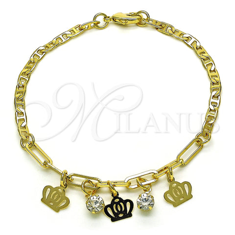 Oro Laminado Charm Bracelet, Gold Filled Style Crown and Paperclip Design, with White Crystal, Polished, Golden Finish, 03.63.2256.08 (03 MM Thickness, 8 Inches Length)