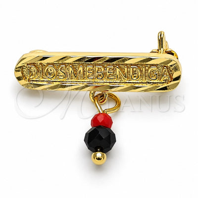 Oro Laminado Basic Brooche, Gold Filled Style Nameplate Design, with Black and Orange Red Crystal, Polished, Golden Finish, 13.185.0001