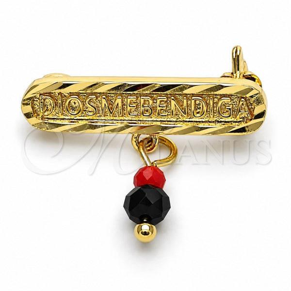 Oro Laminado Basic Brooche, Gold Filled Style Nameplate Design, with Black and Orange Red Crystal, Polished, Golden Finish, 13.185.0001