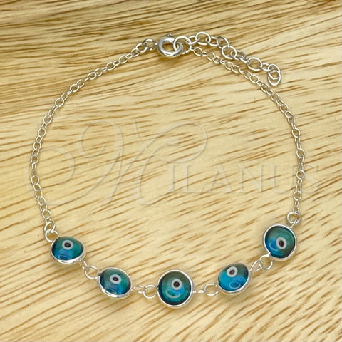 Sterling Silver Fancy Bracelet, Evil Eye Design, with Blue Topaz Crystal, Polished, Silver Finish, 03.401.0004.07 (02 MM Thickness, 7 Inches Length)