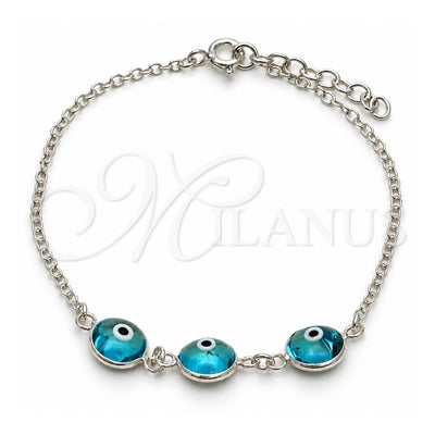 Sterling Silver Fancy Bracelet, Evil Eye Design, with Blue Topaz Crystal, Polished, Silver Finish, 03.401.0007.07 (02 MM Thickness, 7 Inches Length)