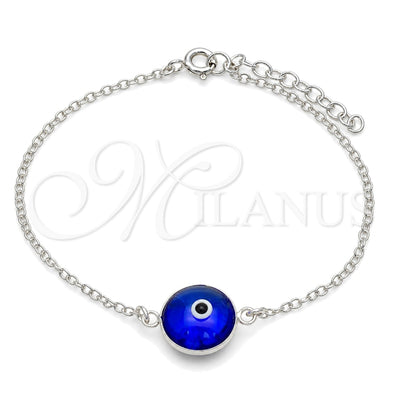 Sterling Silver Fancy Bracelet, Evil Eye Design, with Blue Shade Crystal, Polished, Silver Finish, 03.401.0008.07 (02 MM Thickness, 7 Inches Length)